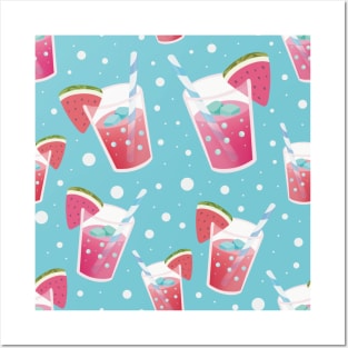 Watermelon Juice with a Blue bubble background Posters and Art